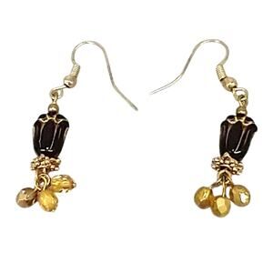 Drop Earrings Lotus Flower & Crystal Beads Gold Tone Handmade